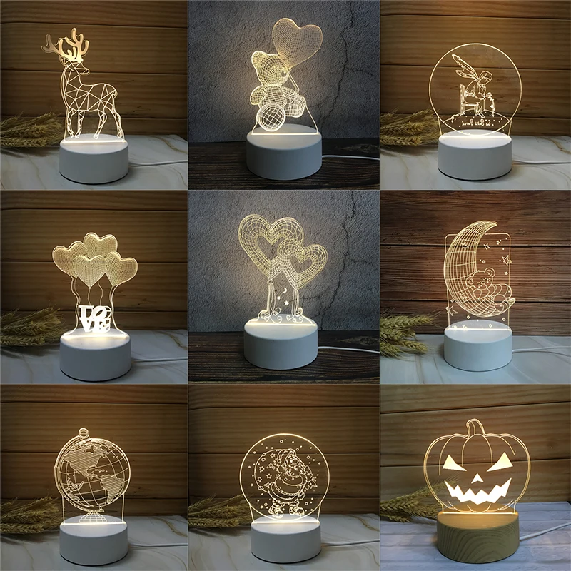 PheiLa LED Kid Lights Night 3D LED Night Lamp Creative Table Bedside Lamp Ring Heart Bear Light Kids Gril Home Decoration