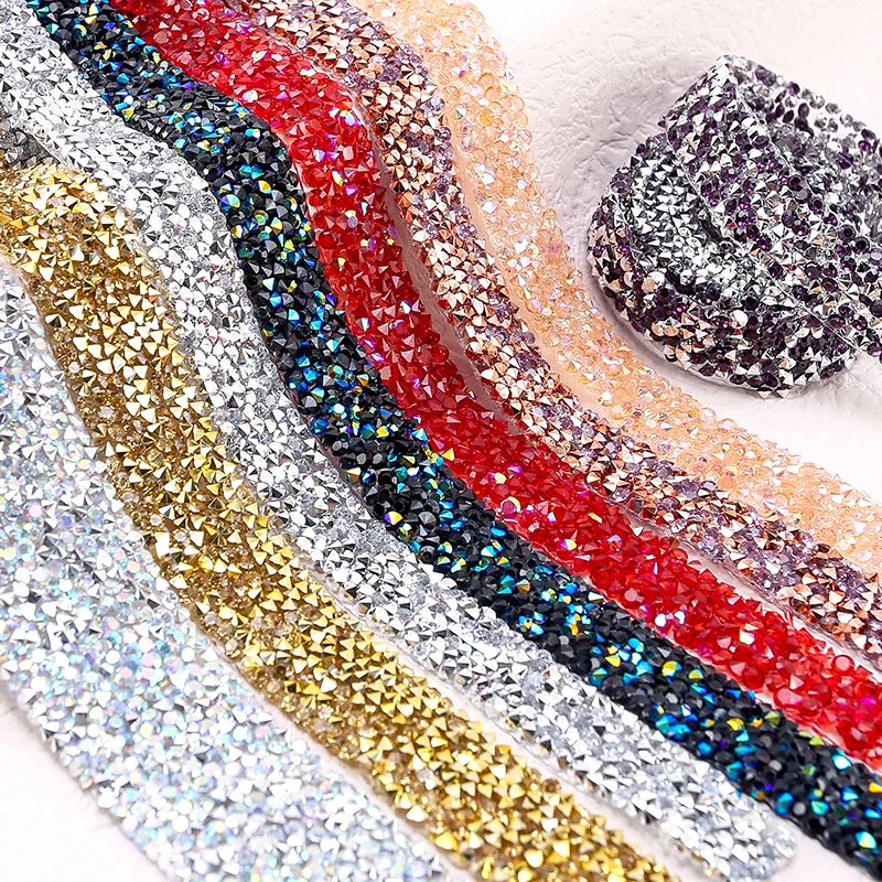 3Yards Multi-color Rhinestones Trim Set Glitter Crystal Ribbon Strass Tape Apppliques Hotfix Motif Rhinestones Cloth Decorations