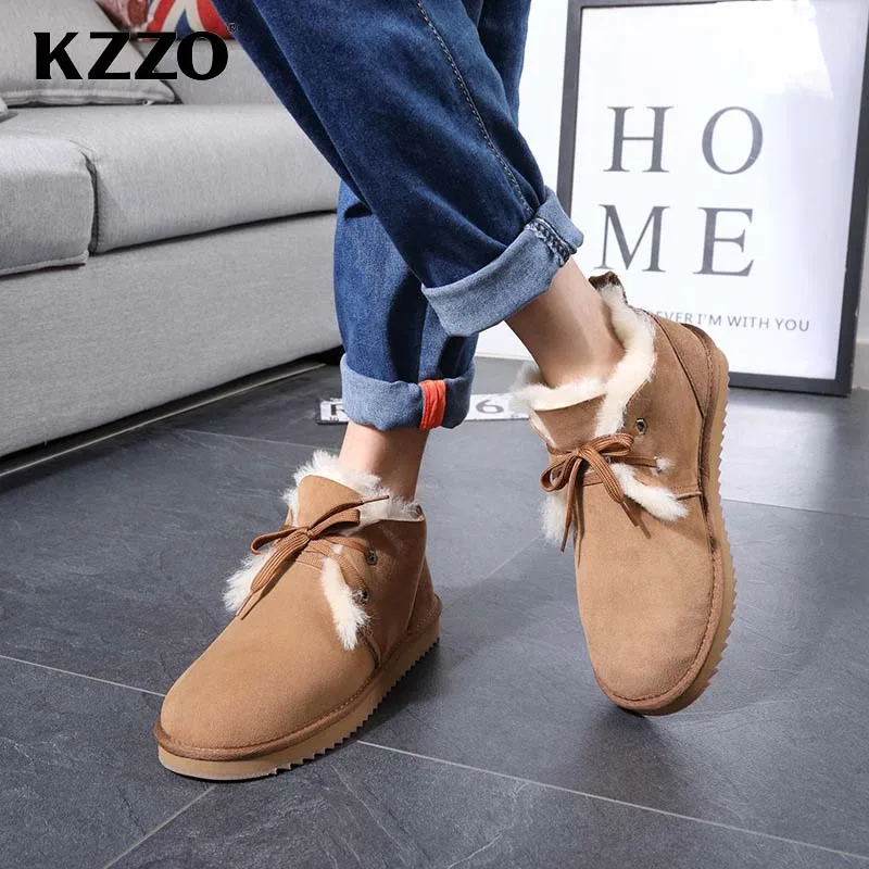 KZZO Real Natural Sheepskin Suede Leather Ankle Snow Boots For Men Shearling Lined Winter Warm Non-slip Lace-up Wool Fur Shoes