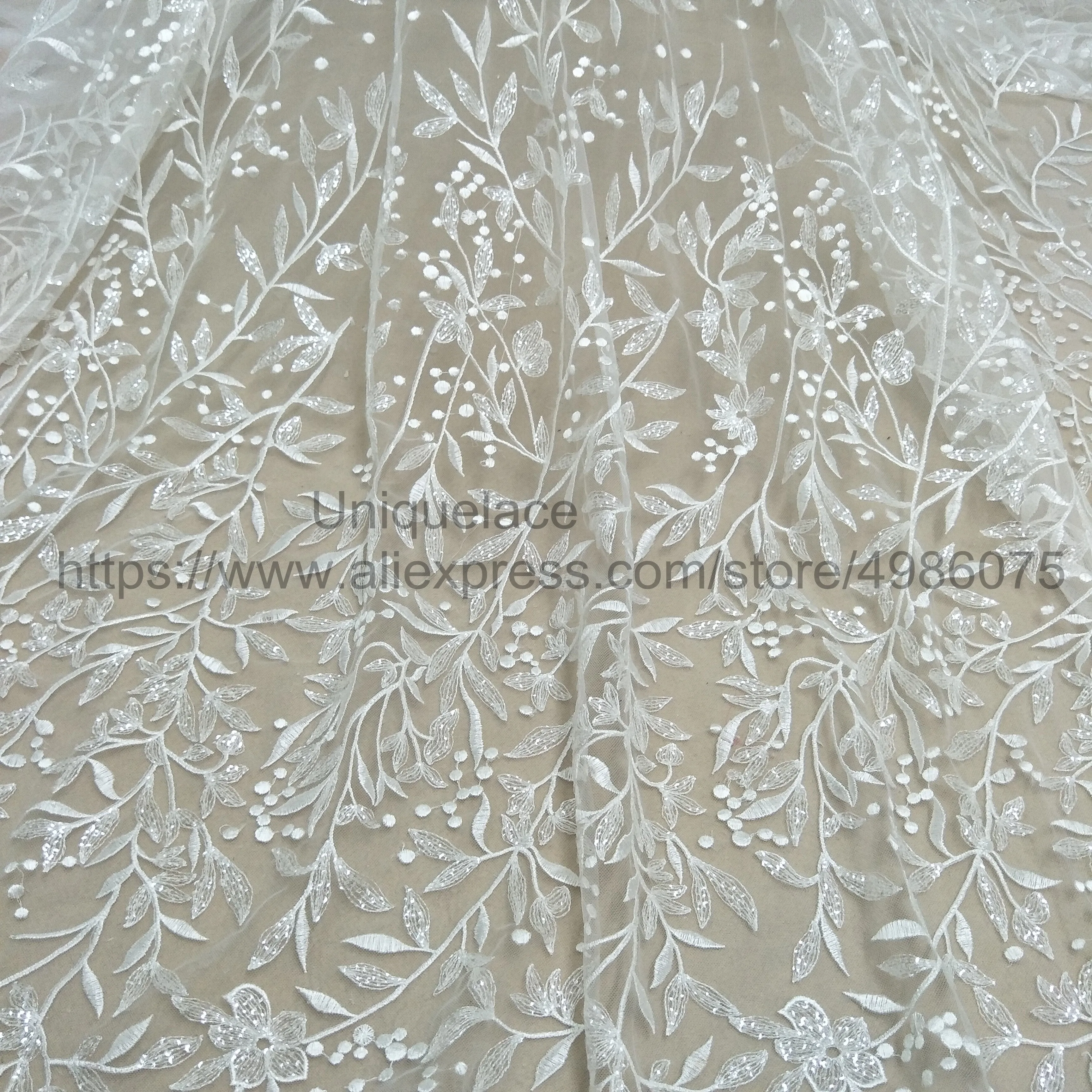 2020 Leafs dress fabric 130cm worldwide shipping sequins dress worldwide shippin fashion ivory lace