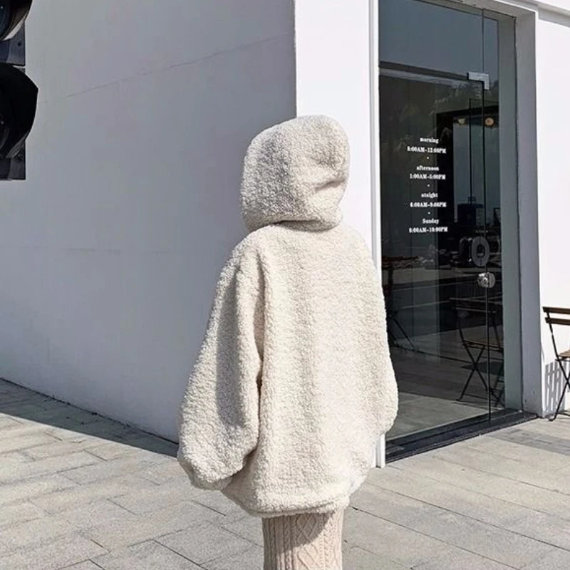 Fluffy Hooded Sweatshirts Winter Coat All Match Solid Lambswool Stylish Fashion Vintage Loose Kawaii Hoodies ThickeningFleece