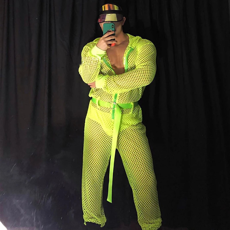 Ropa de baile en barra para hombre musculoso, mono de malla hueca de Color fluorescente, Bar, club nocturno, Ds, fiesta, escenario, disfraz de Gogo, ropa Rave XS1145