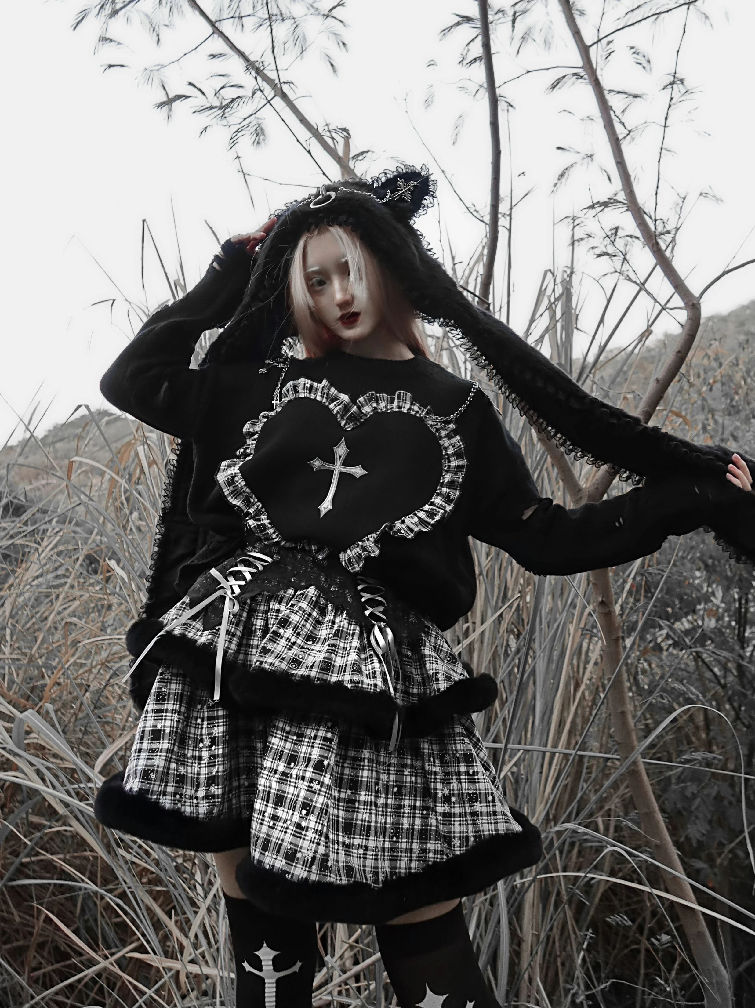 SALE!!!Blood Supply Original Japan Gothic Dark Women\'s Cake Skirt Winter Black White plaid Empire Lace-up Waist ball Gown Skirt