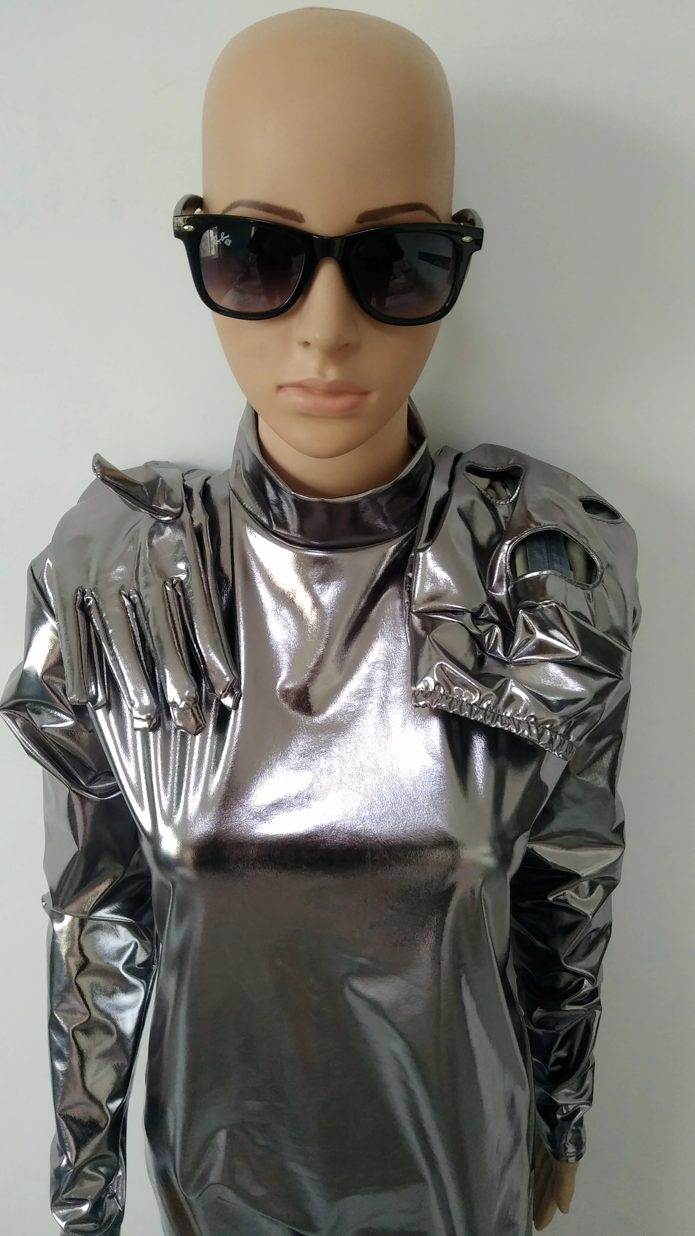 Brand Sexy men kids Women grey Shiny Metallic Catsuit Lady Leotard with removable hood and gloves