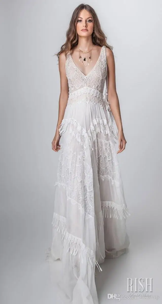 Rish-vestidos de novia bohemios con cuello en V, borla de encaje, lentejuelas, tren de barrido, diseño hueco, vestido de boda de playa, línea A personalizada, bohemio