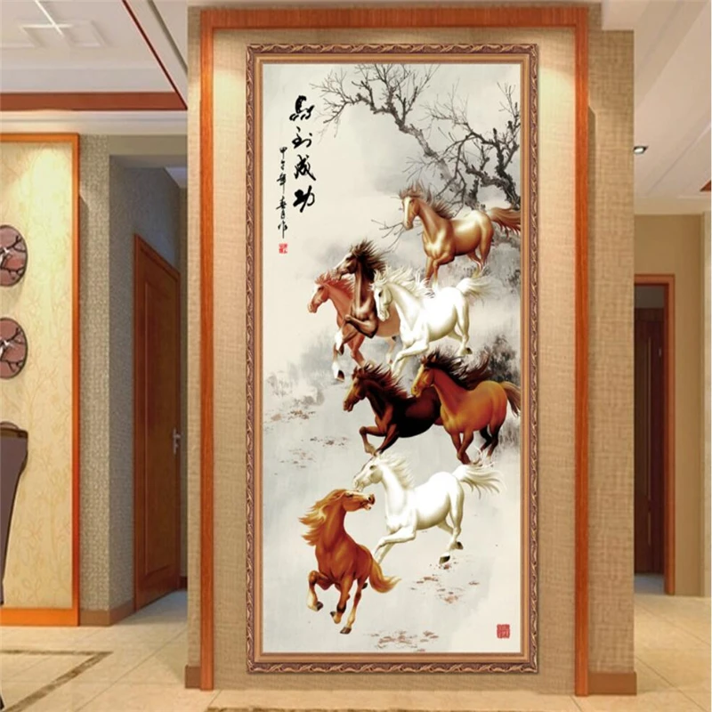 Custom 3d wallpaper horse to success eight horses pattern porch decorative painting living room corridor background wall обои