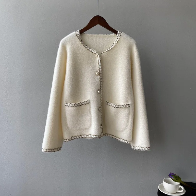 Women Elegant Autumn Hairy O-Neck Knitwear Cardigan Single Breasted Loose Fit Office Ladies Knitted Coats Fashion Sweater Tops