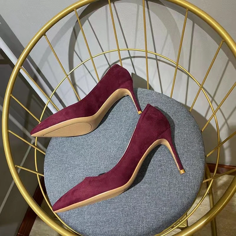 Heelgoo Burgundy stado kobiety Pointy Toe klasyczne szpilki formalne buty eleganckie damskie wino czerwone zamszowe czółenka na szpilkach rozmiar