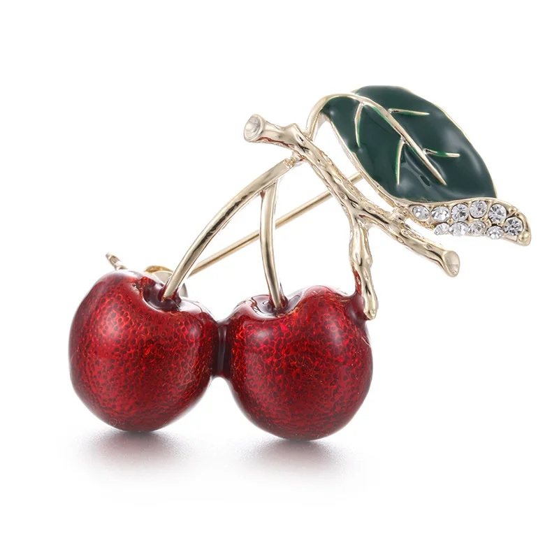 Enamel Green leaf cherry brooch For woman clothing accessories party fruit brooches