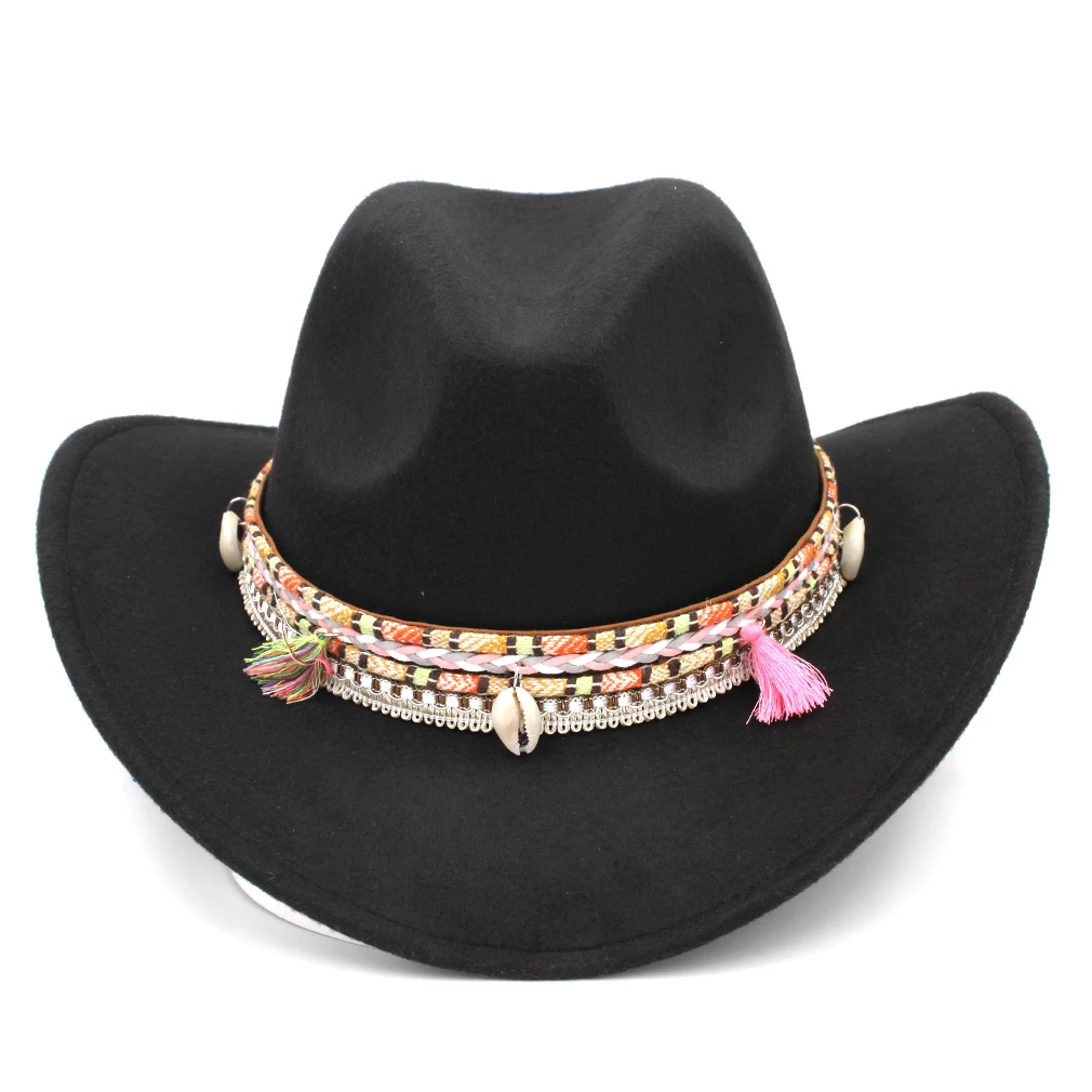 Mistdawn 2022 Women Ladies Wool Wide Brim Western Cowboy Hat Cowgirl Riding Costume Cap Tassel Bohemia Hatband Size 56-58cm BBD