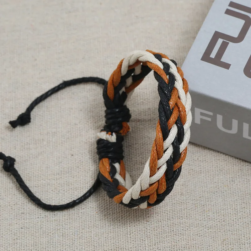 National Style Simple Casual Rainbow Color Hand-woven Leather Bracelet Couple Fashion Outdoor Men Woman Jewelry Friendship Gift