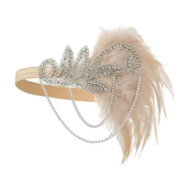 1920's Headband เครื่องแต่งกาย Props Charleston เครื่องแต่งกายอุปกรณ์เสริม Nude Flapper Headpiece Great Gatsby Feather แถบคาดศีรษะลูกปัดโซ่