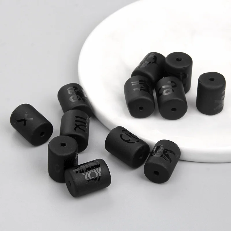 Matte 12 Zodiac Beads Charms Black Onyx Constellation Symbol Beads Cylinder Pendant For DIY Making Jewelry Findings Bracelets