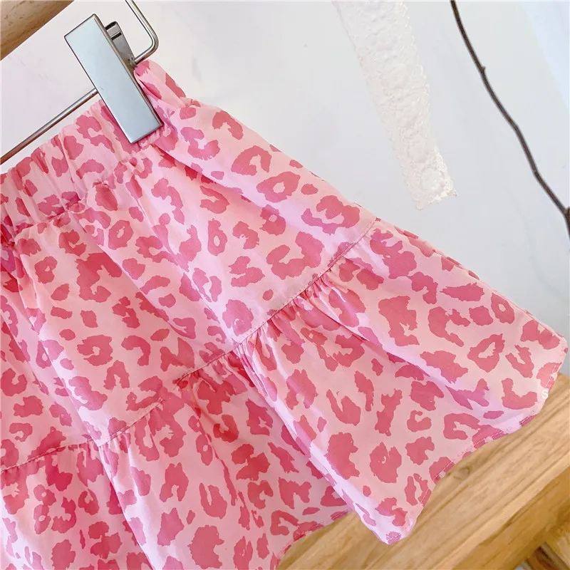 Summer Girls Clothes Suit 2022 Spring Fashion Casual New Girls Pink Leopard Print High Waist Top +Skirt Children\'S Clothing Sets