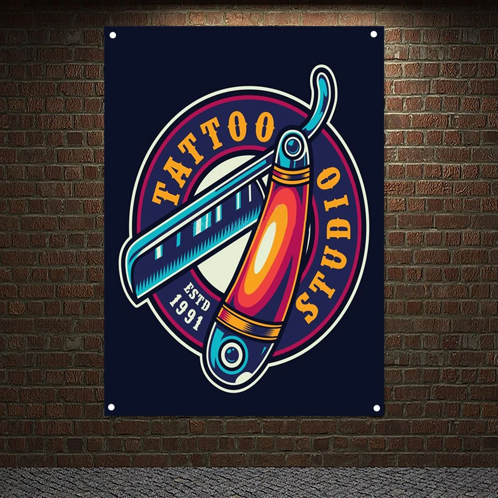 

Colorful tattoo studio logo type posters wall art straight razor vintage style banner flags tapestry wall hanging painting