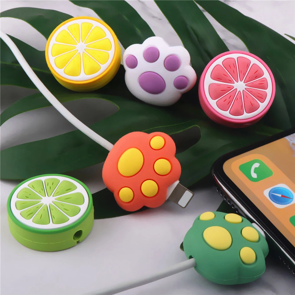 Cute Fruit Cartoon Cable Protector For iPhone USB Charging Cord Holder Case Cat Paw Data Line Cable Winder Protection Cover