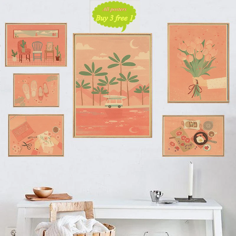 Pink Romance Beach Nordic Simple kraft paper Poster Decorative Paintings Wall Sticker Girl House Home Decor Gift