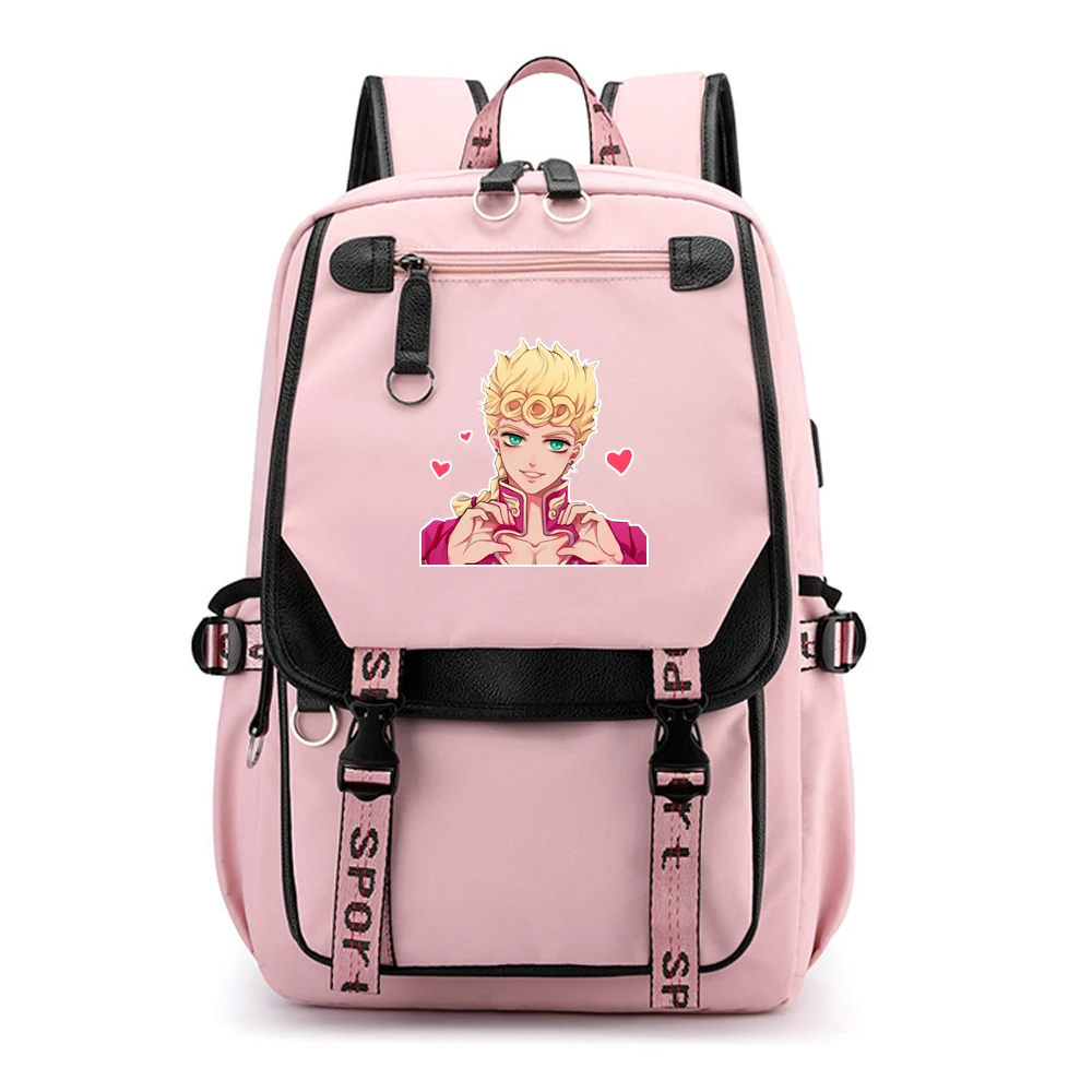 

Jo Jo's Bizarre Adventure Women Pink Back Pack Nylon School Bags Pink Bookbag Large Travel Backpack USB Charging Laptop Bagpack