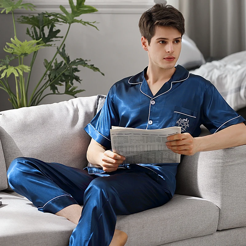 Sleepwear Male Summer Short Sleeve Long Pants Ice Silk Two-Piece Pajama Sets Blue Thin Men Pyjamas Homewear 9008B