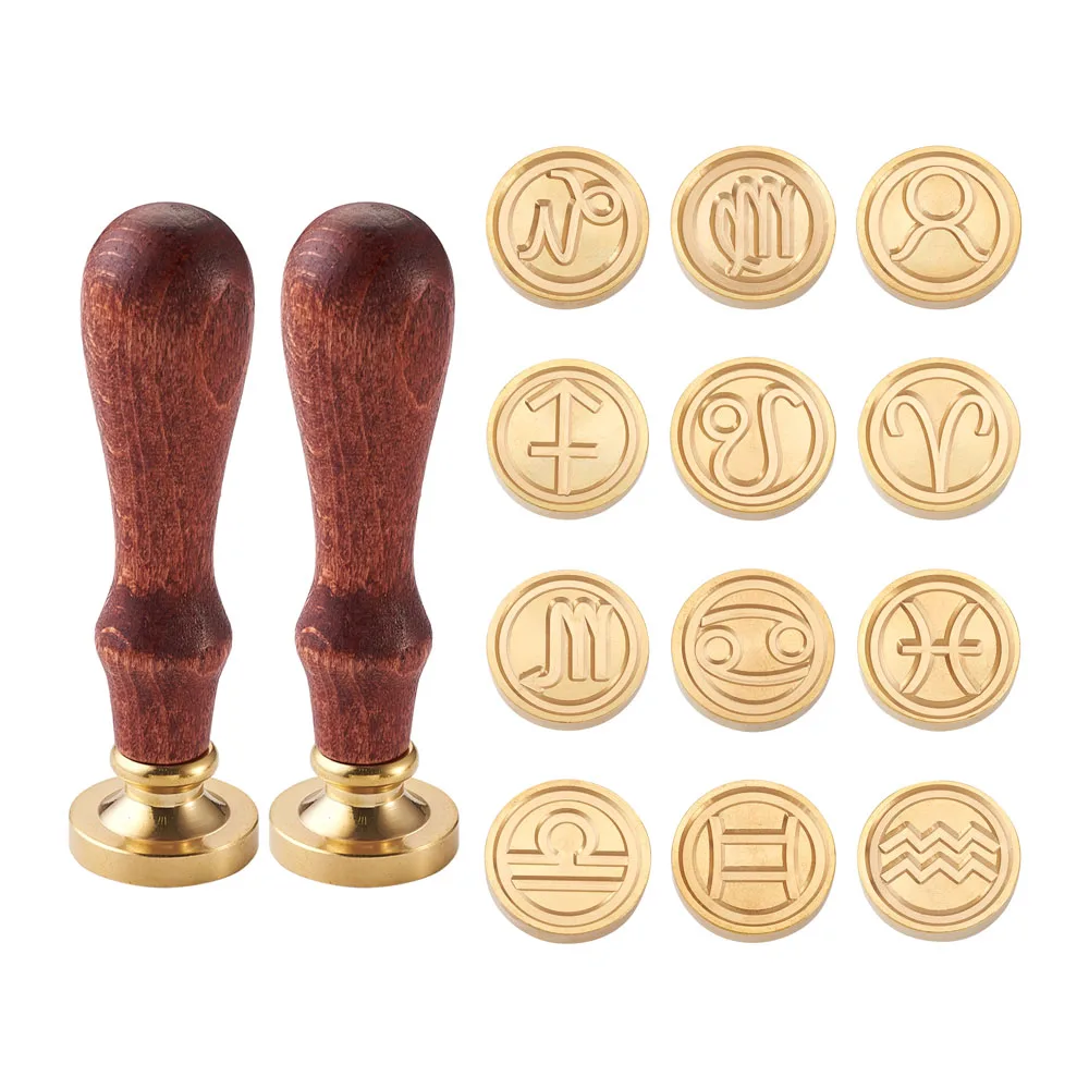 

Wax Seal Stamp Set Brass Wax Sealing Stamp Head Alloy Sticks Spoon Constellations Fruit Leaf Insect Wedding Themed Pattern