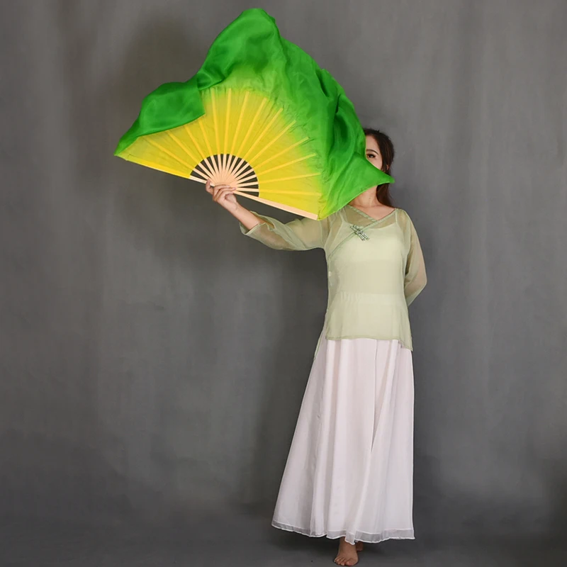 real Silk Double-sided Fan Veils Gradient Yellow/Green Belly Dance Fan Veil for Stage Performance Props Fan 1Pair Two-Layers