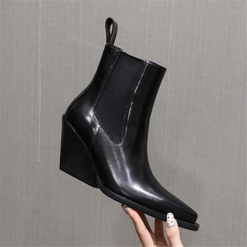 Fashion Women Chelsea Boots Patent Leather Pointed Toe Short Booties Ladies Autumn Wedge Shoes Ankle Botas Mujer Wedges