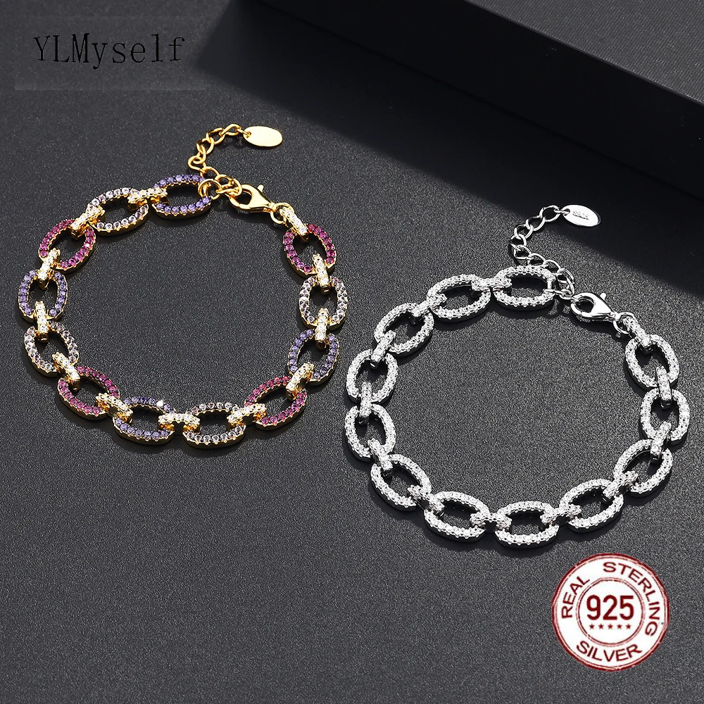 Pure Silver Oval Chain Link Bracelet 15.5+3 CM Pave 1.3 mm Multi Bling Rainbow Zircon Beautiful Real 925 Jewelry For Women