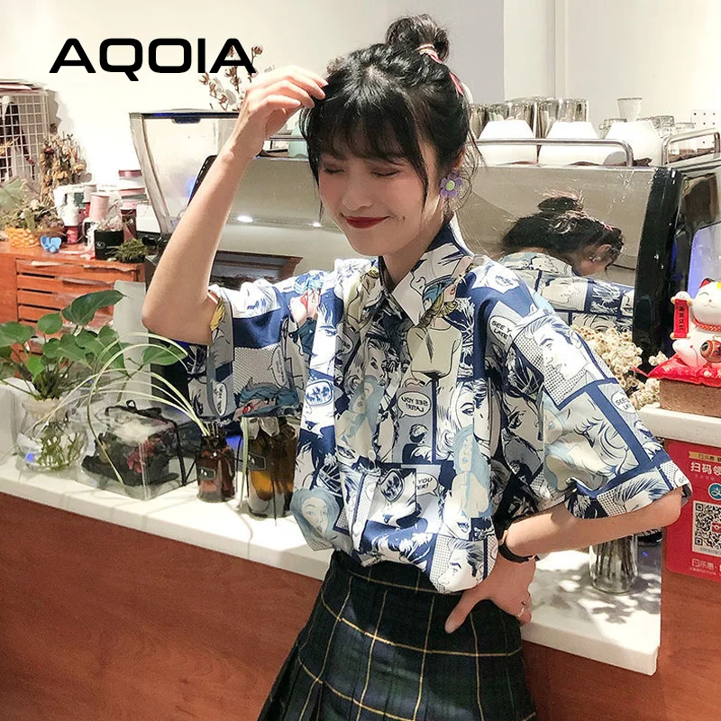 Chic Japanese style Cartoon print Women Shirt Vintage Short Sleeve Button Up Y2K Womens Blouse 2022 Summer Loose Female Shirts