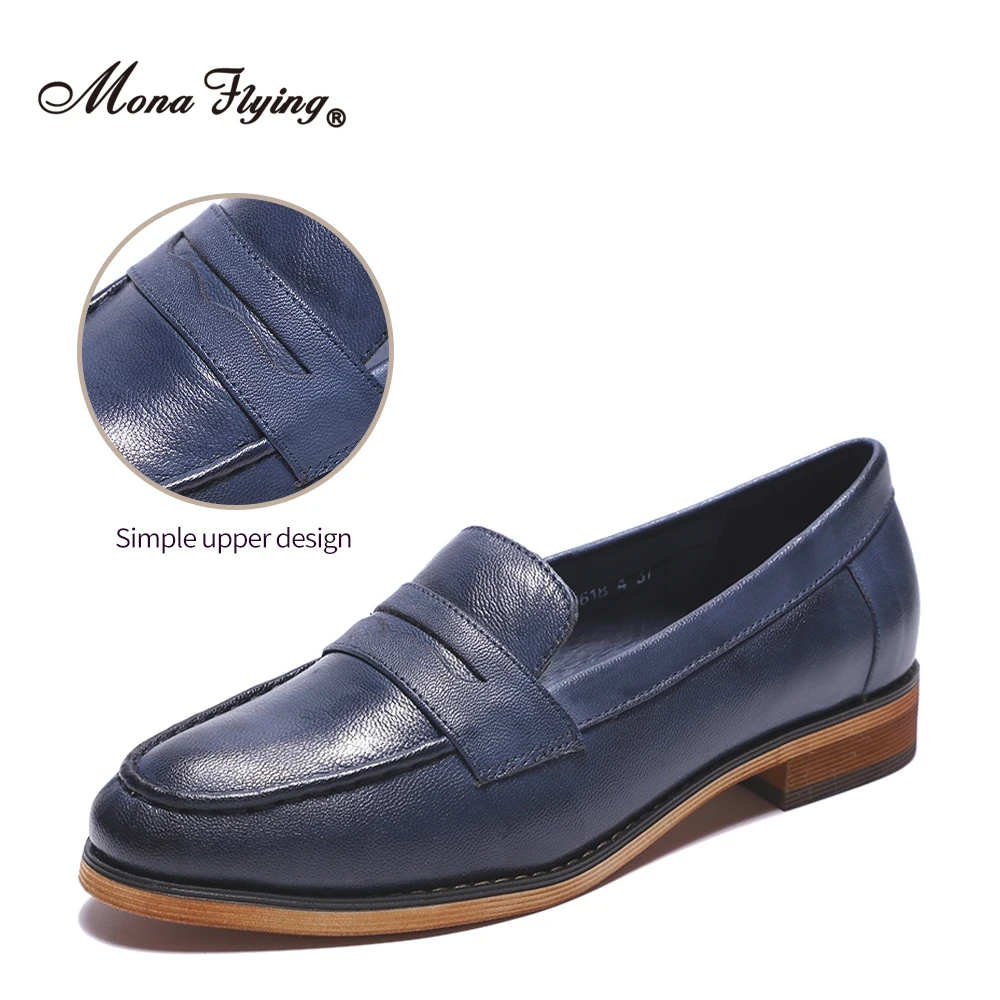 Mona Flying Womens Genuine Leather Penny Loafers Flats Elegant Comfortable Almond-toe Casual Flat Shoes for Ladies H618-4