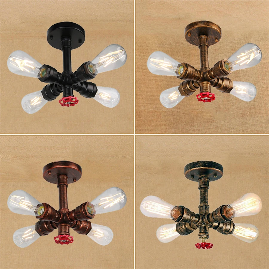 Industrial Vintage Bar Edison Bulbs Water Pipes Ceiling Light Chandelier Rustic Brass Ceiling Lamp Fixture with 4 Bulb Sockets