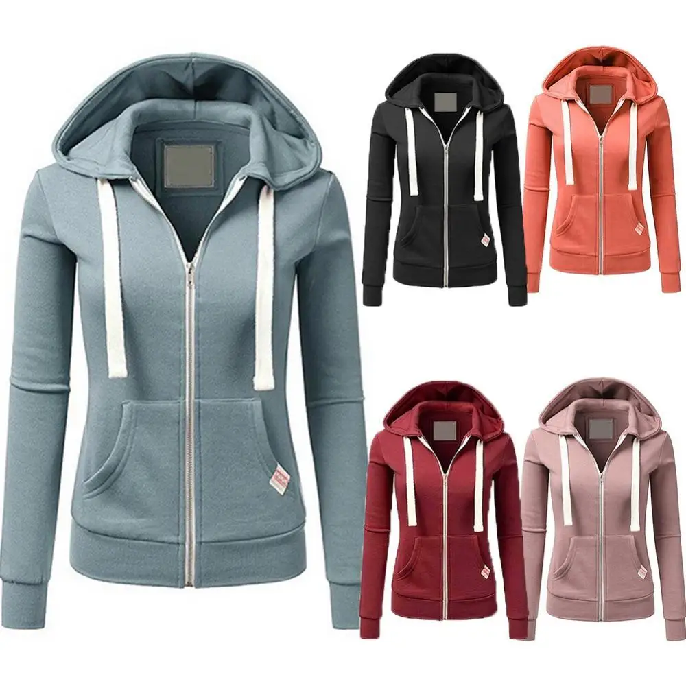 2021 Casual Hoodies Women Autumn Winter Cardigan Solid Color Long Sleeve Hoodie Pockets Zipper Sports Coat Hoodie Women Clothing