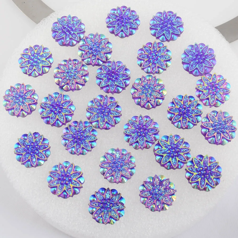 BOLIAO AB Color 15Pcs 18mm( 0.71in ) Flower Resin AB Color With Two Hole Purple Rhinestone Flatback Buttons Clothes Crafts DIY