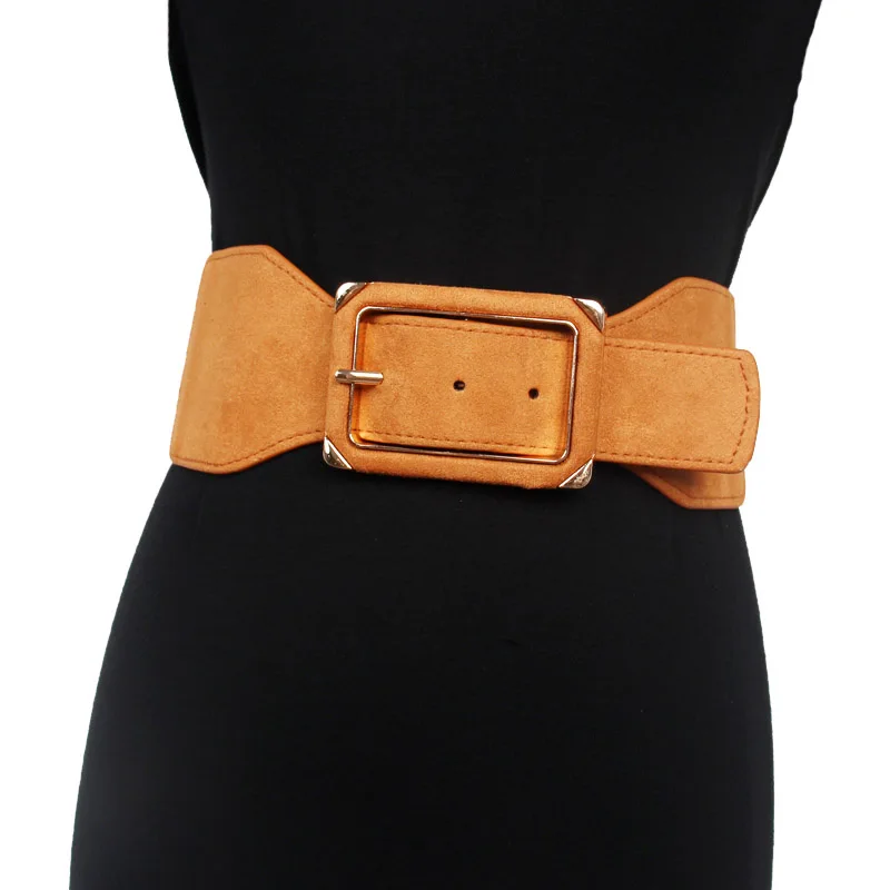 New Wide Suede faux leather belt Women Black Brown Square Buckle Elastic Belts Fashion Female Corset Waist Belt for Jeans Dress