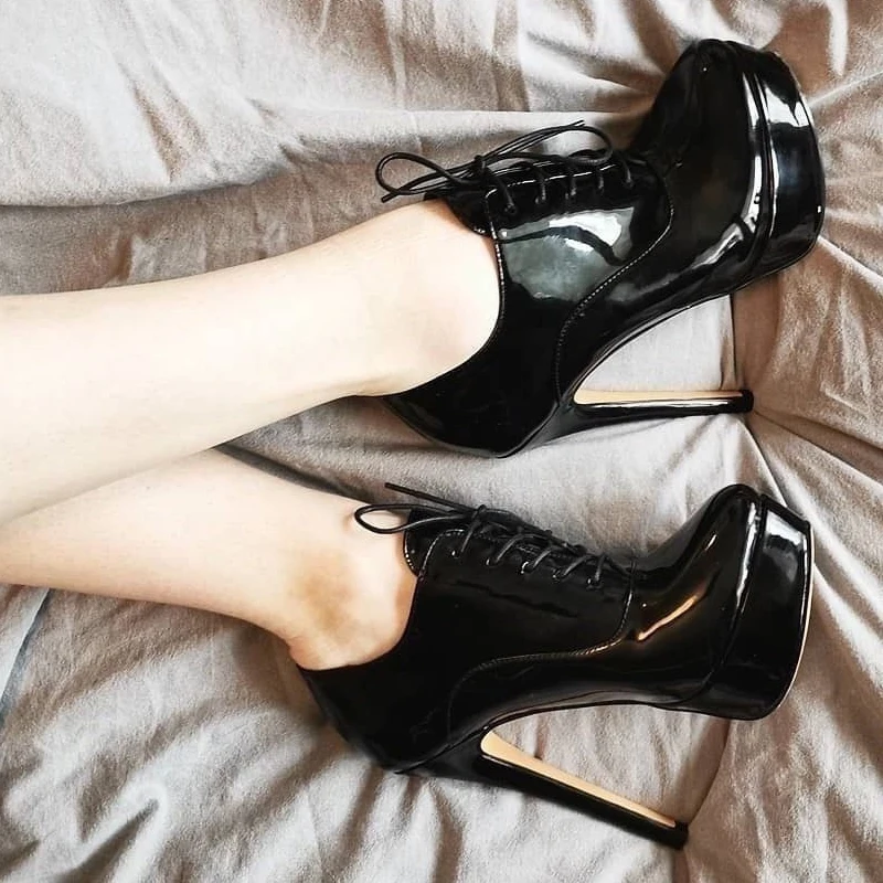 Onlymaker Women Black Platform Ankle Boots High Heels Lace Up Patent Leather Stiletto Sexy Lady Fashion Booties