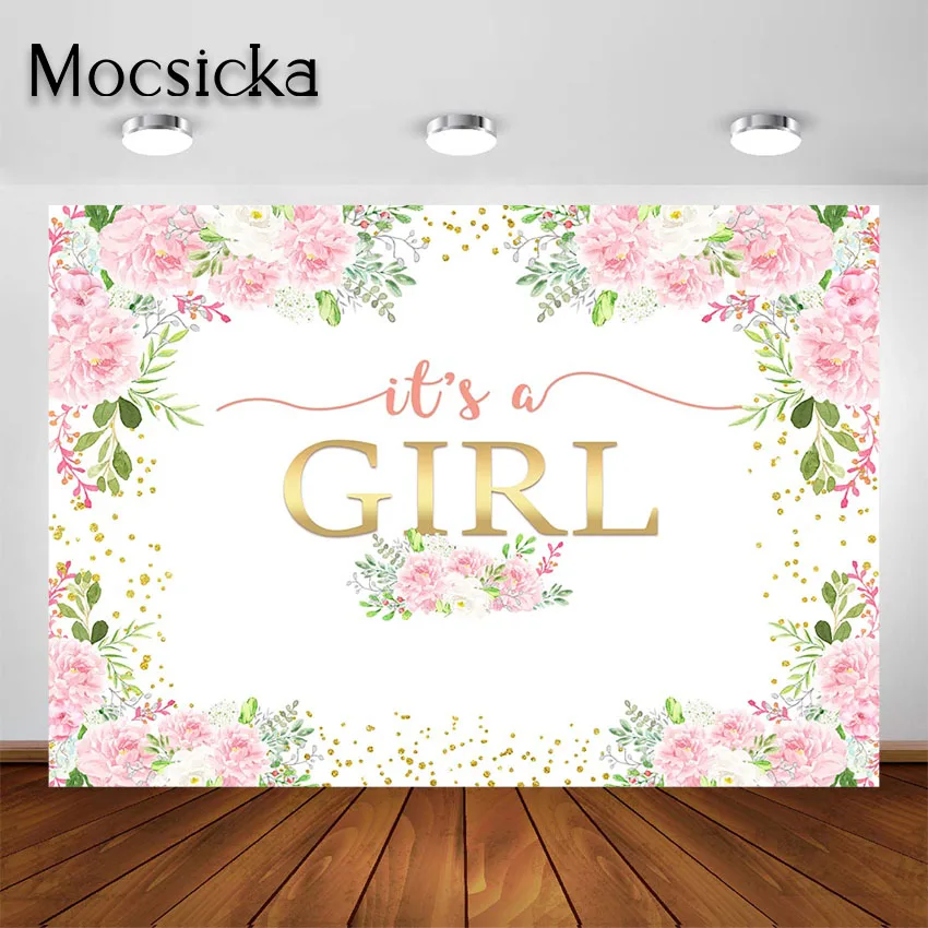 Mocsicka-女の赤ちゃんのシャワーの背景,ピンクの花の柔らかな防水背景,写真の装飾