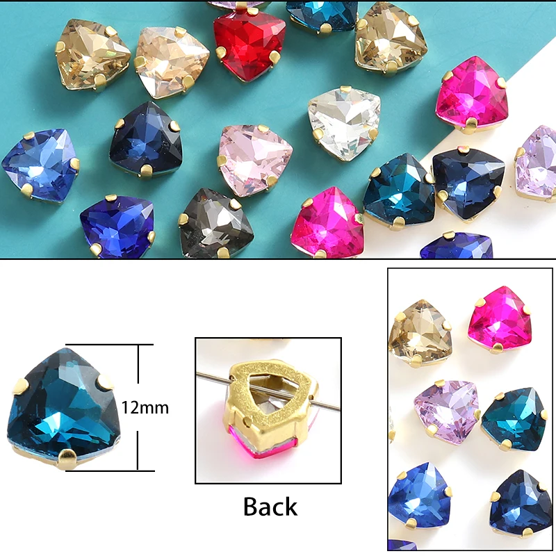 Sewing Crystal 12mm Triangle Shape Glass Sew On Rhinestones With Flatback Gold Claw for Clothing Accessories Shoes Diy