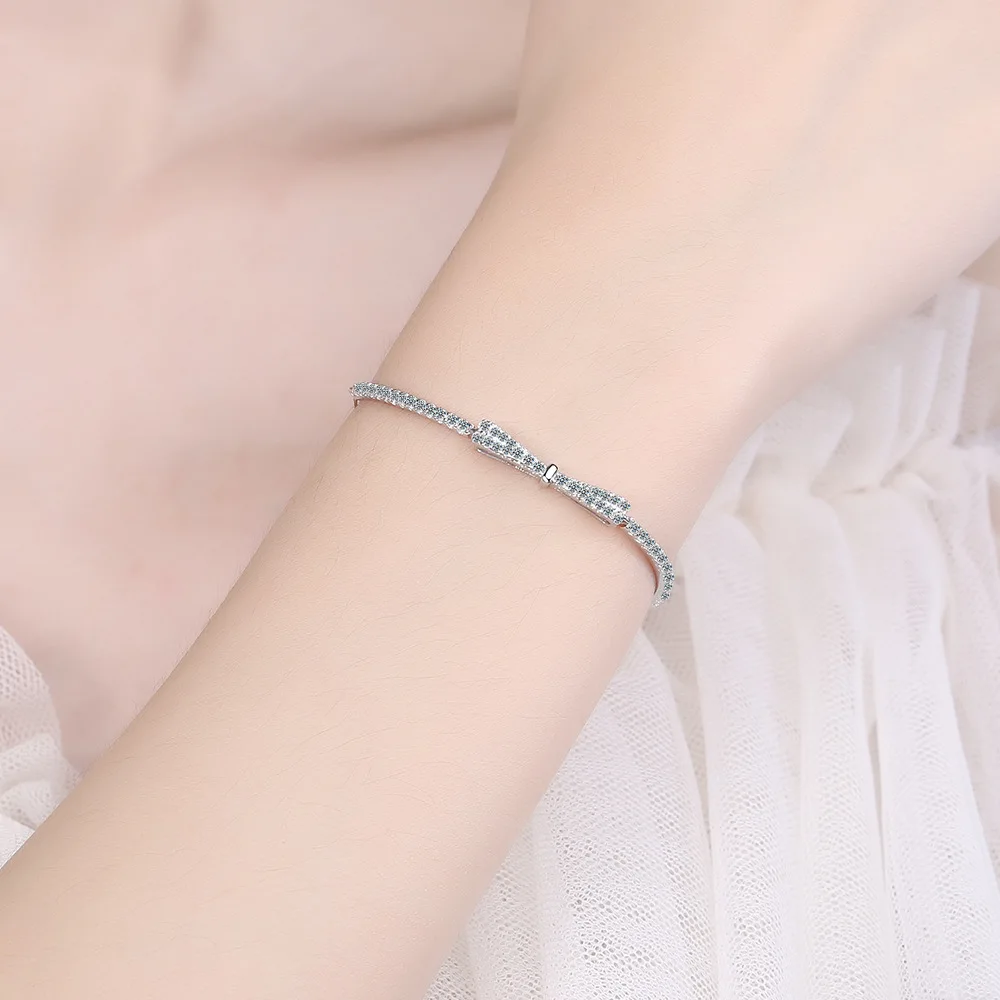 Women's Bracelet 925 Sterling Silver Bowknot Shiny Zircon Tennis Pulsera Plata 925 Mujer Girls Wedding Party Jewelry Gifts