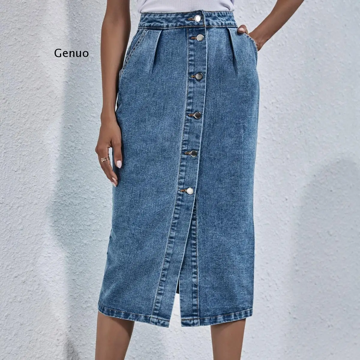 

Single Breasted Knee Length Denim Skirt Women Streetwear Casual Pocket High Waist Straight Jeans Skirt New