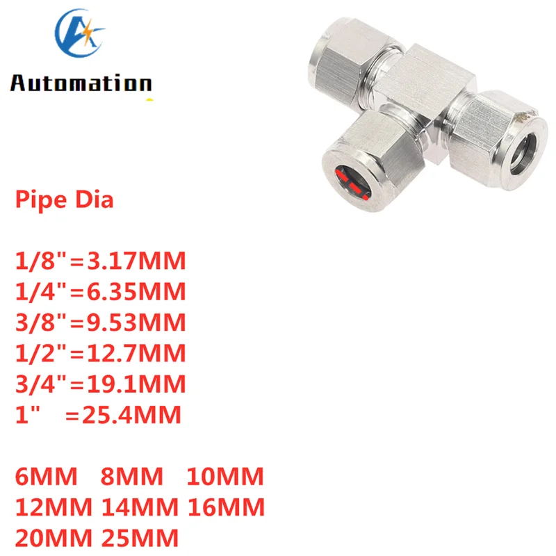3 4 6 8 10 12mm 1/8 1/4 3/8 1/2 Pipe OD Tee 3 Way Double Ferrule Tube Fittings T-Type 304 SS Stainless Steel Pipe Connector