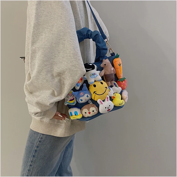 Cute Japanese Cartoon Canvas Bag Women Bags Bucket Bag Kawaii Plush Pendant Shoulder Bags Messenger Bag High Capacity Side Bag