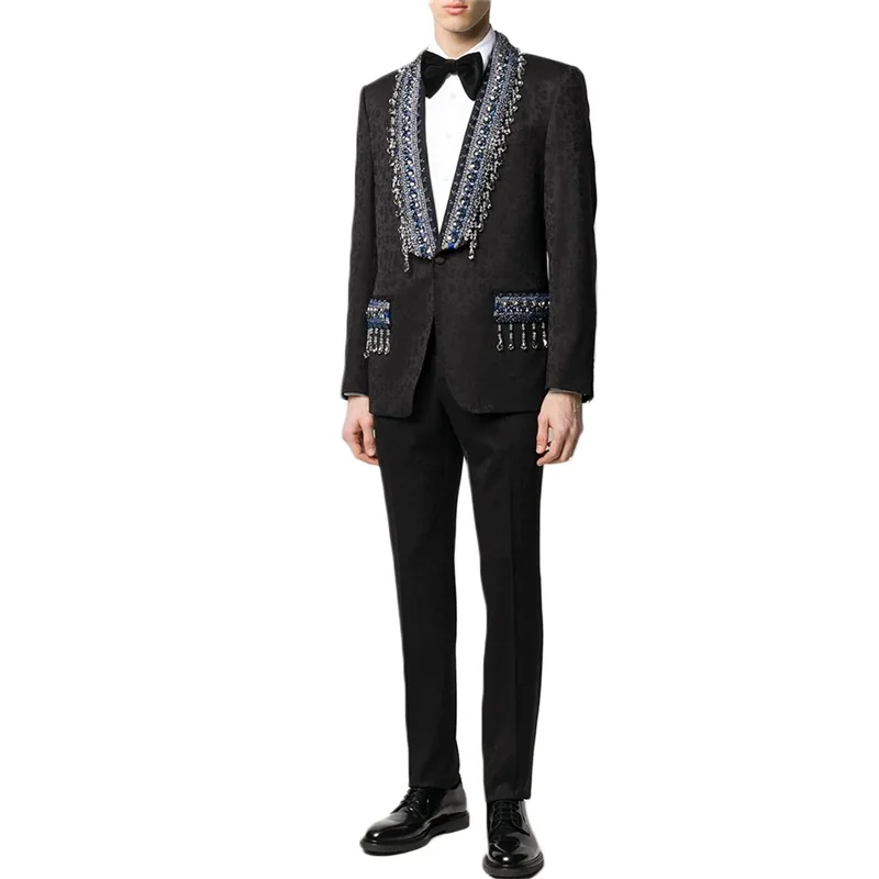 Luxury Crystal Men Suits Two Pieces Modern Printed Custom Made Handsome Wedding Suits Fit Slim Formal Business Coat+Pant