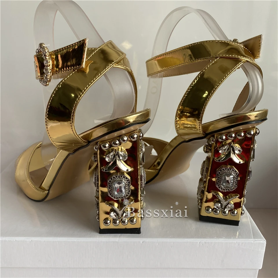 Luxury Patent Leather Cross Band Sandals Women Diamond High Heels Ankle Strap Rhinestone Summer Sandalias De Mujer