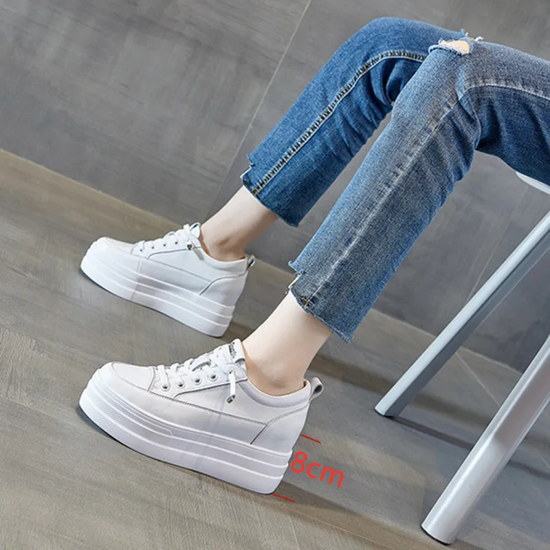 Women's Chunky Sneakers 2021 Spring Autumn Genuine Leather Casual Women Shoes High Heels White Sneakers For Women Autumn Shoes