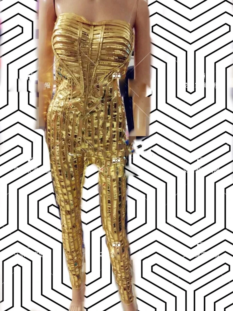 

Golden striped metallic cape future party gold coat costume Sexy singer technology show stage dance wear