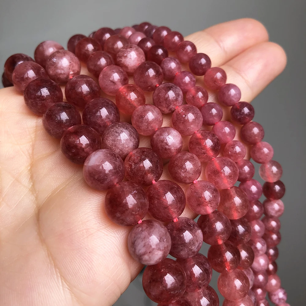 Strawberry Quartz Round Stone Beads Smooth Loose Spacer Beads For Jewelry DIY Making Bracelet Earrings Accessories 15\'\' 6 8 10mm