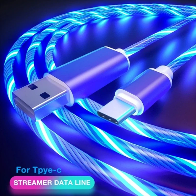 3A Glowing Cable Micro USB Type C Cable Fast Charging For iPhone Huawei Xiaomi LED light Charger Flowing Streamer USB C Cord