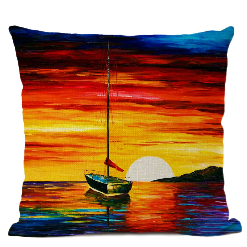 Oil Painting Style Sunset Landscape Cushion Cover Colorful Sailing Lighthouse Throw Pillow Cover Rural Decorative Pillow Case