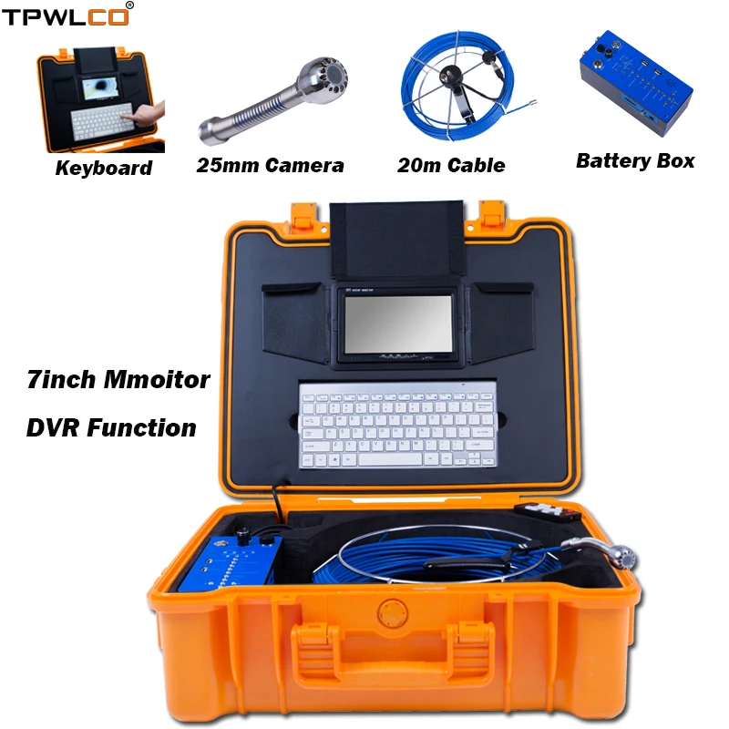 

7inch Monitor 20meter Cable 25mm Pipe Industrial Keyboard Inspection System With DVR Function Waterproof Endoscope Video Camera