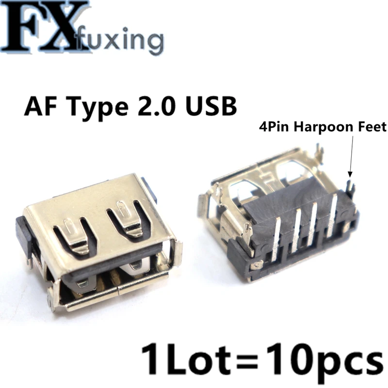 10pcs Laptop 2.0 USB Connector Jack Sockect Commonly Used 90 Degree AF Type 4 DIP Foot USB JACK Female Length=10MM Harpoon Feet