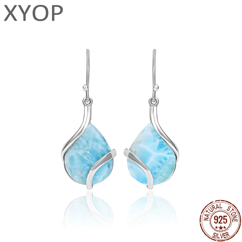 Simple Fashion Drop Shape Square Charm 925 Sterling Silver Jewelry Gift Classic Natural Precious Larimar Earrings for Women